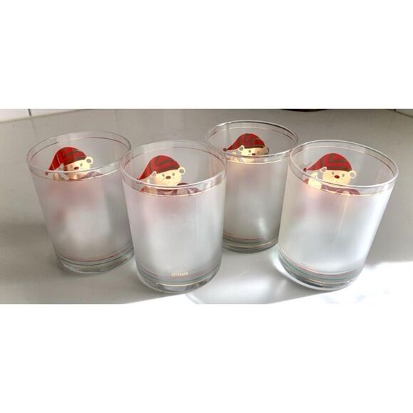 Culver 1960’s Set of 4 Yule Bear Rocks Glasses  22k Gold Christmas Teddy Bear - Picture 3 of 4